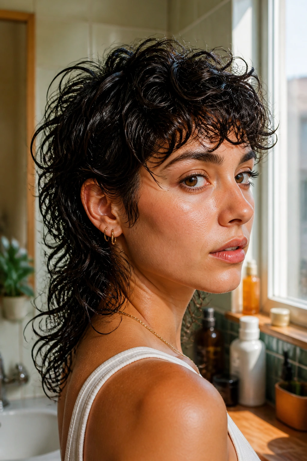 Close-up portrait of a real person with a curly mullet showing lift and bounce in warm bathroom lighting