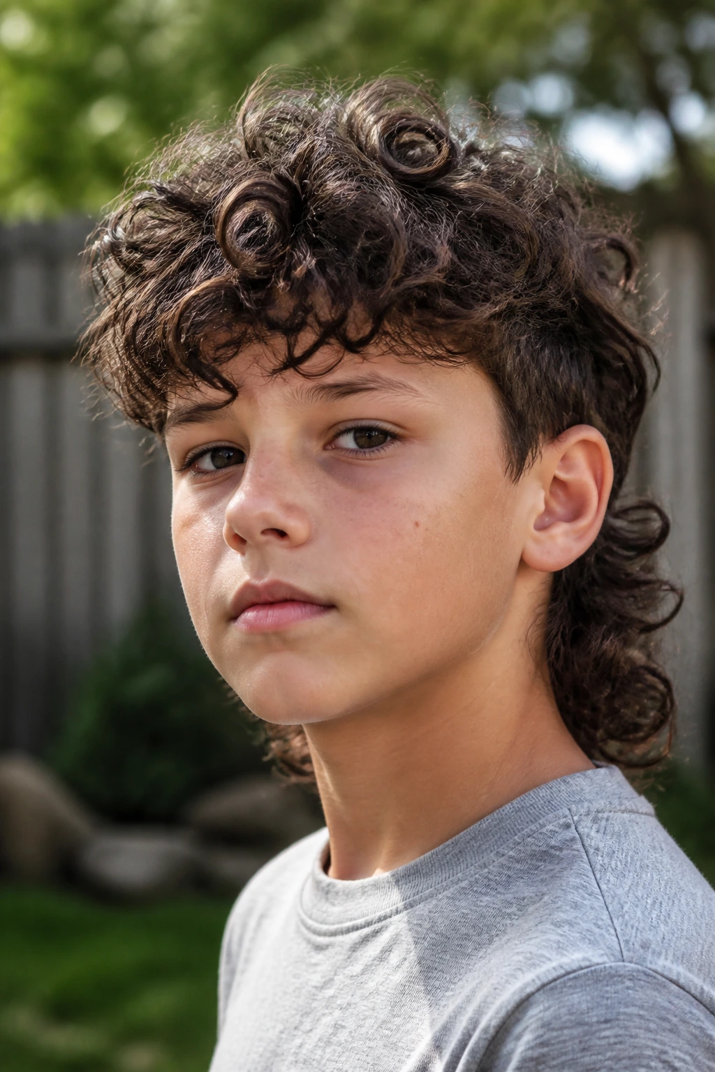 Close-up of a real boy with curly mullet hairstyle