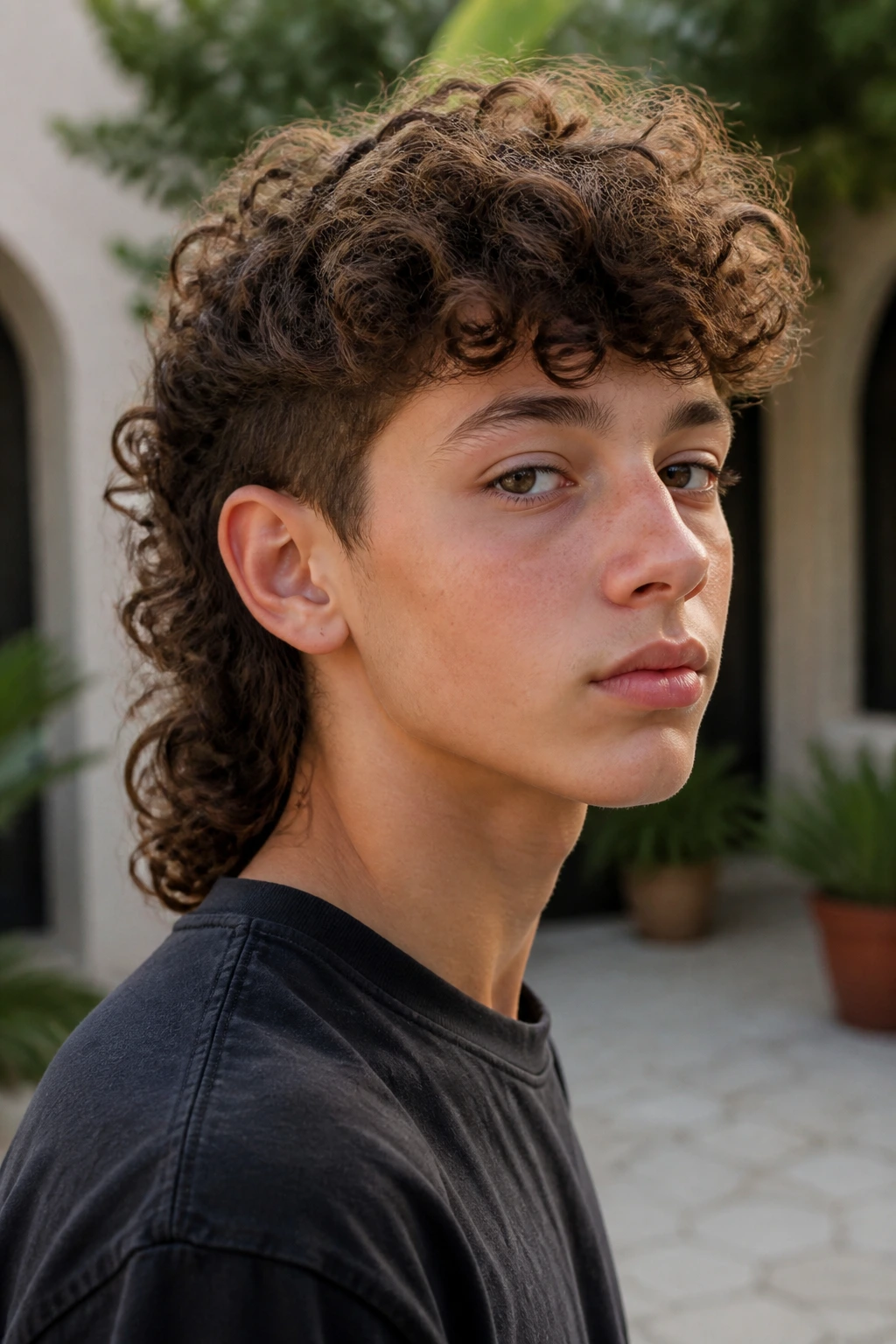 Close-up portrait of a real boy with curly mullet, short front and sides, longer back