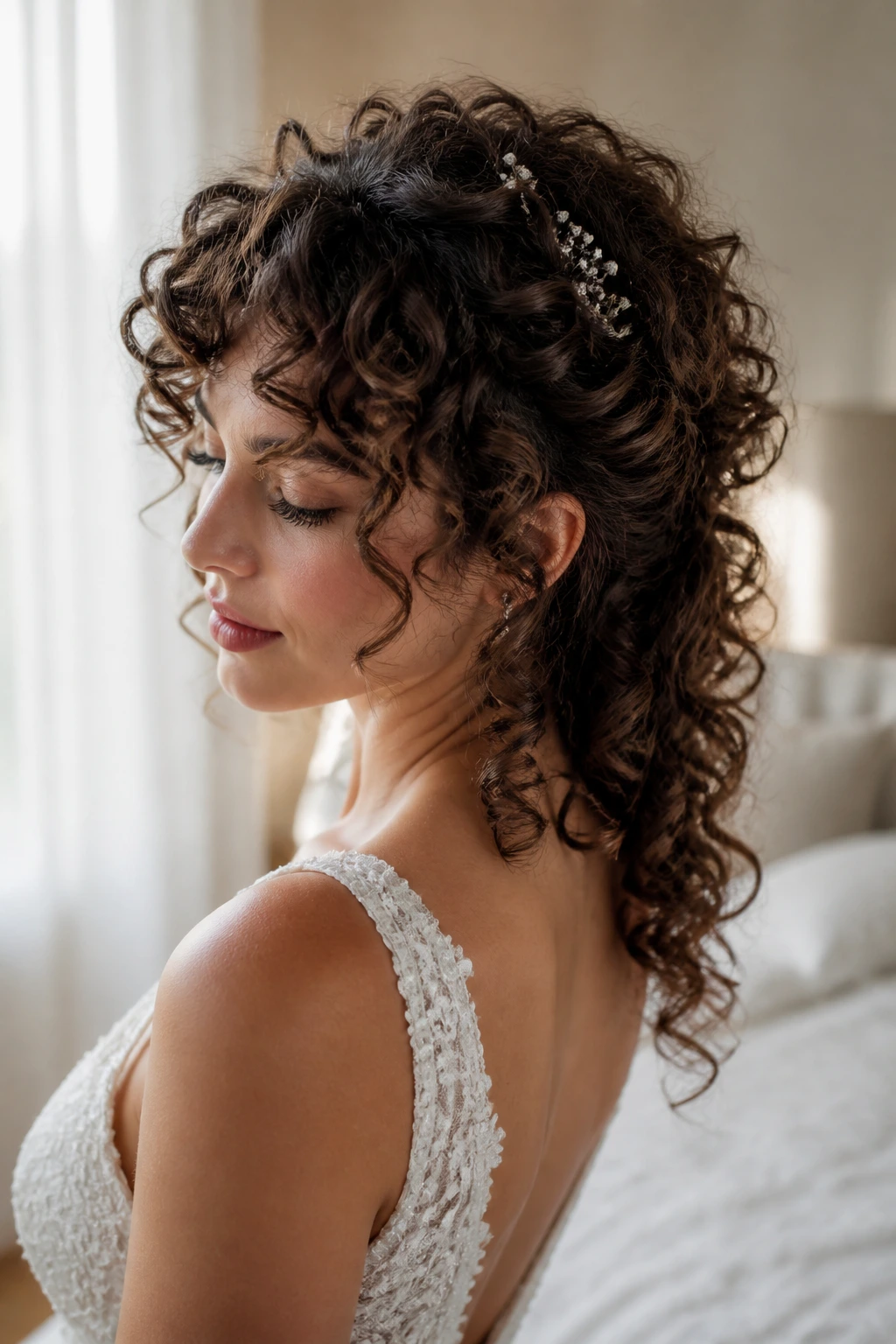 Bride with curly romantic mullet showing crown volume and cascading back curls
