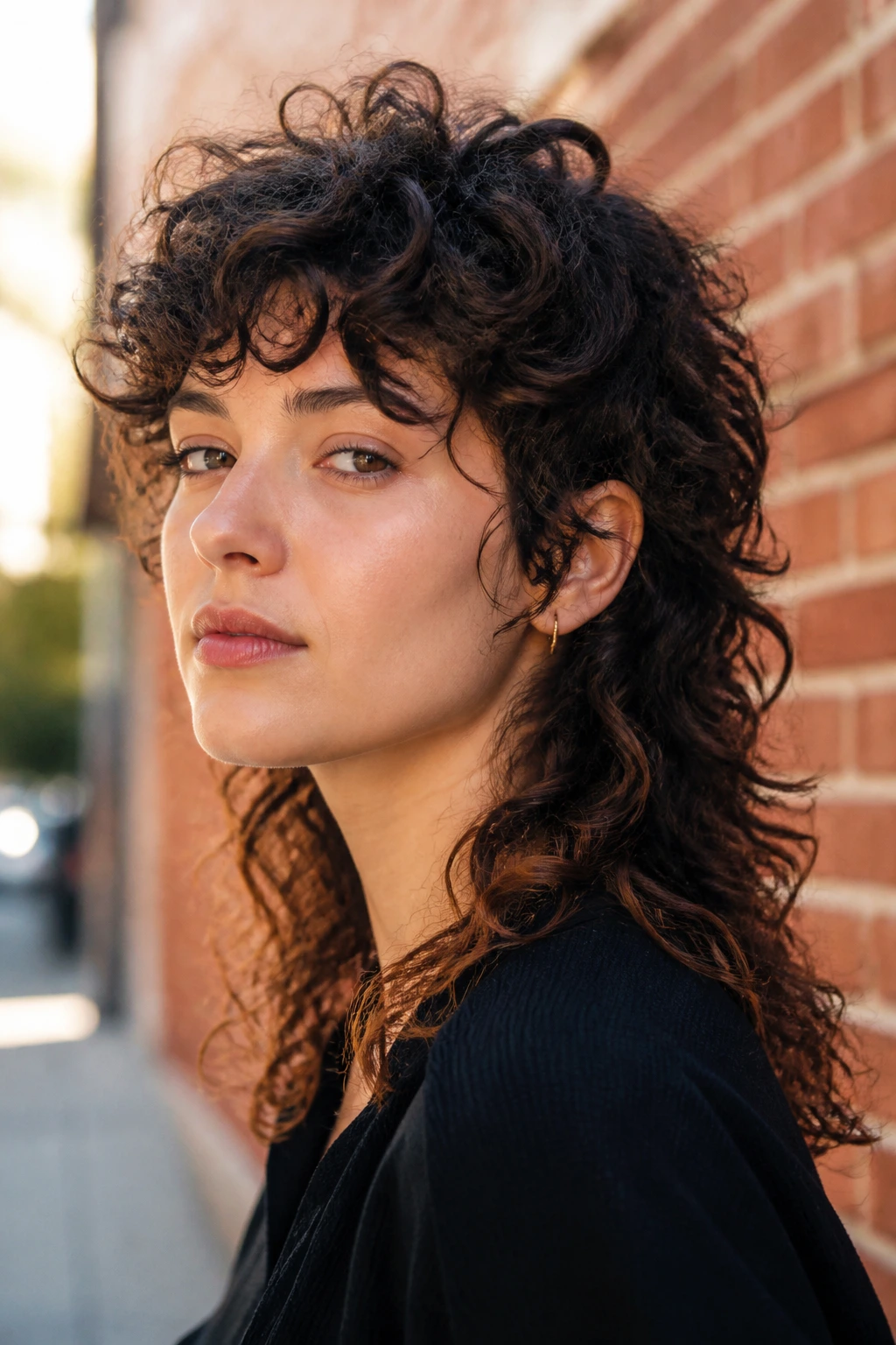 Three-quarter portrait of a real woman with curly mullet and clean layers outdoors