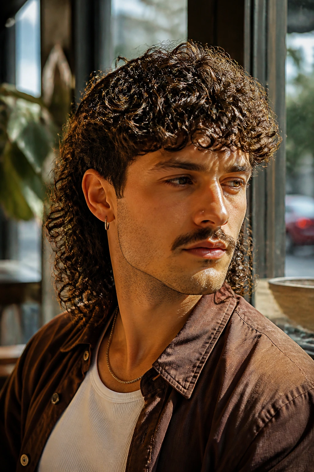 Close-up portrait of a real person with a curly mullet in a sunlit cafe setting