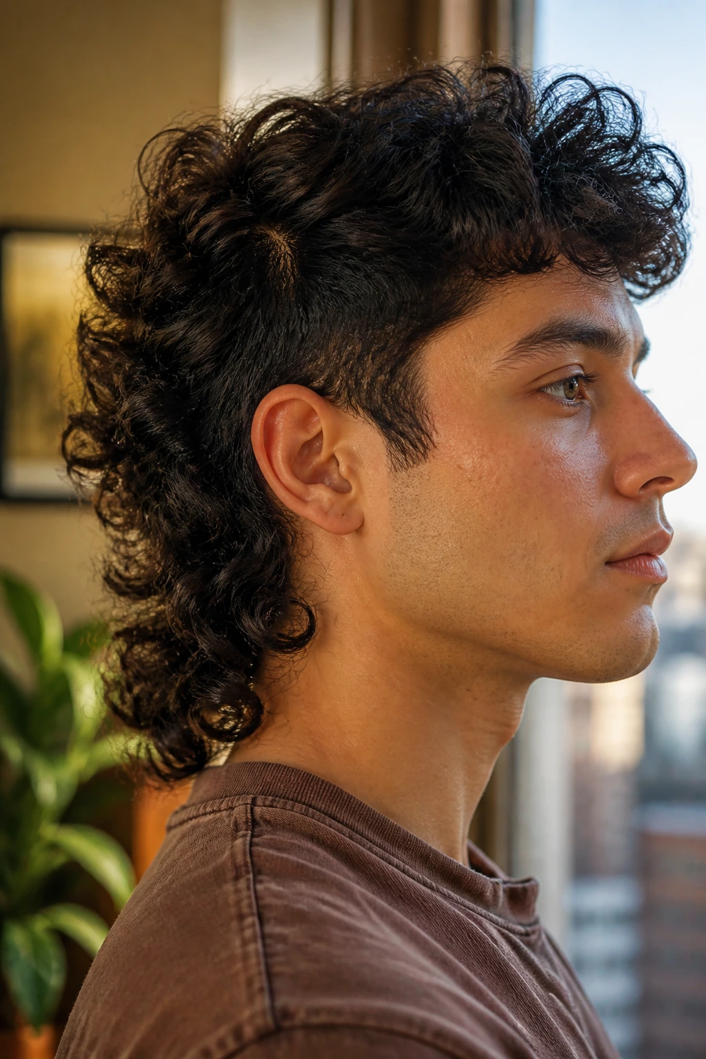 Close-up side-profile of real person with curly mullet showing defined silhouette