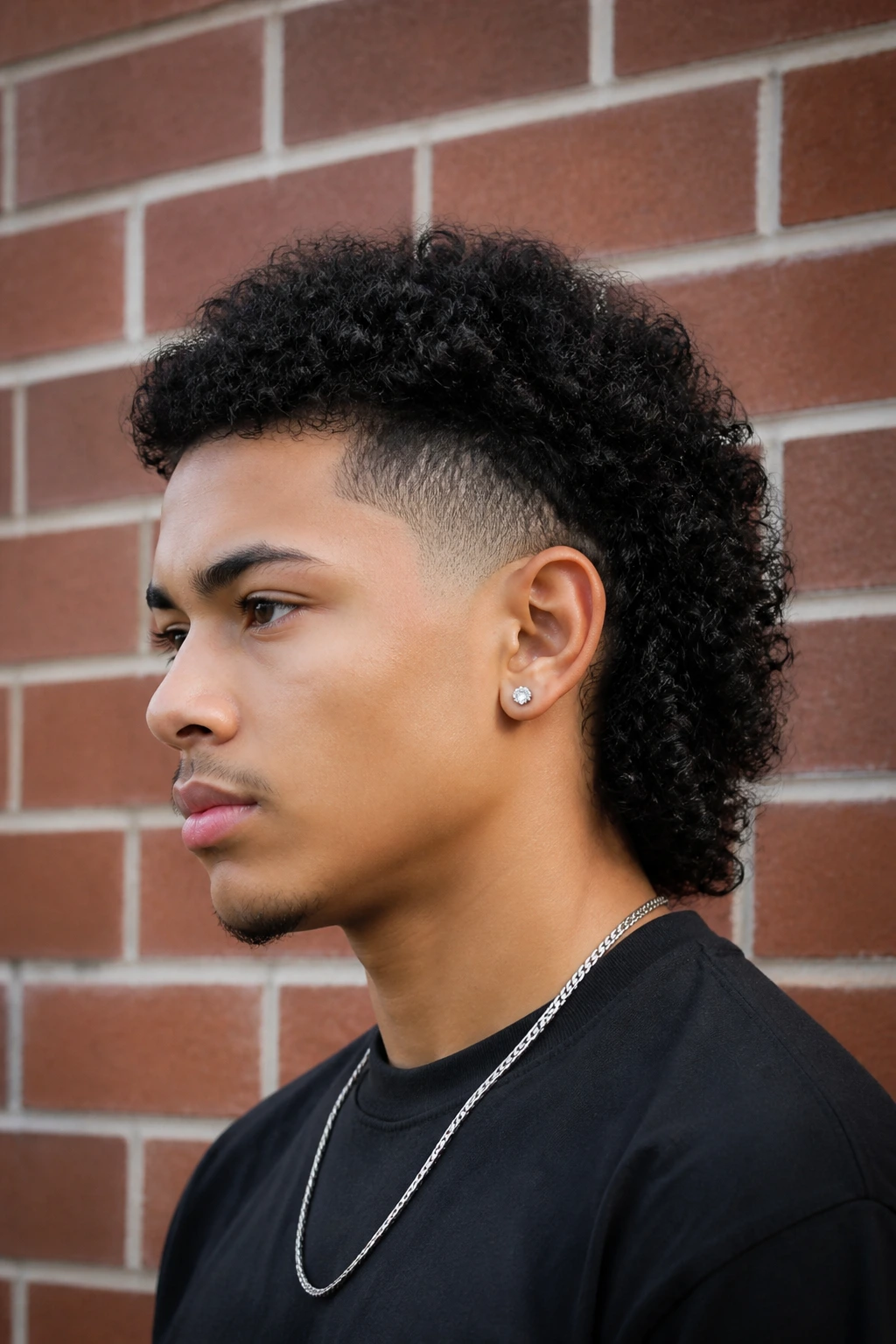 Portrait of Curly Mullet Fade on a real person outdoors