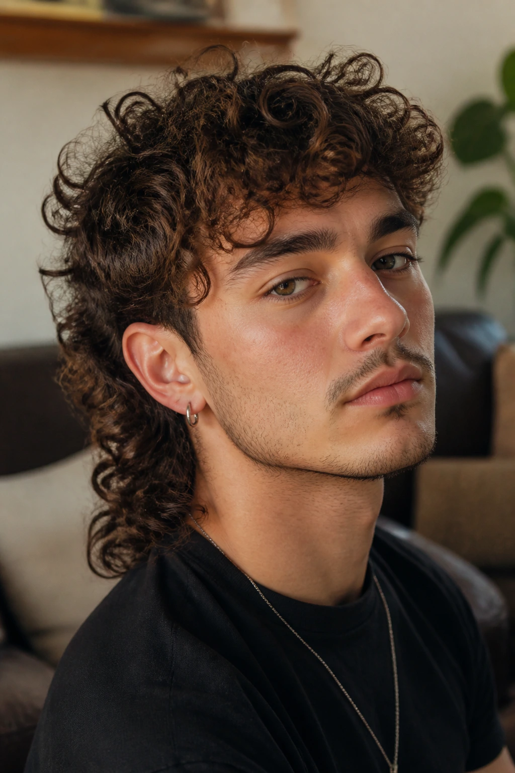 Close-up of a real person with a curly mullet showing crown volume and long back in a cozy living room.