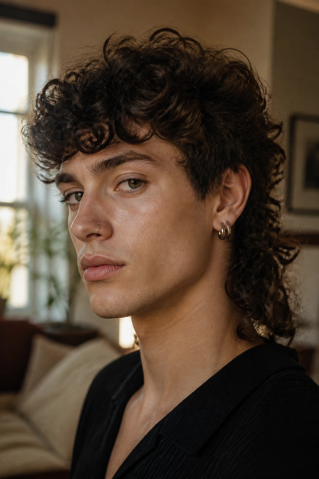 Close-up portrait of a real person with curly mullet showing lift at crown in warm home setting.
