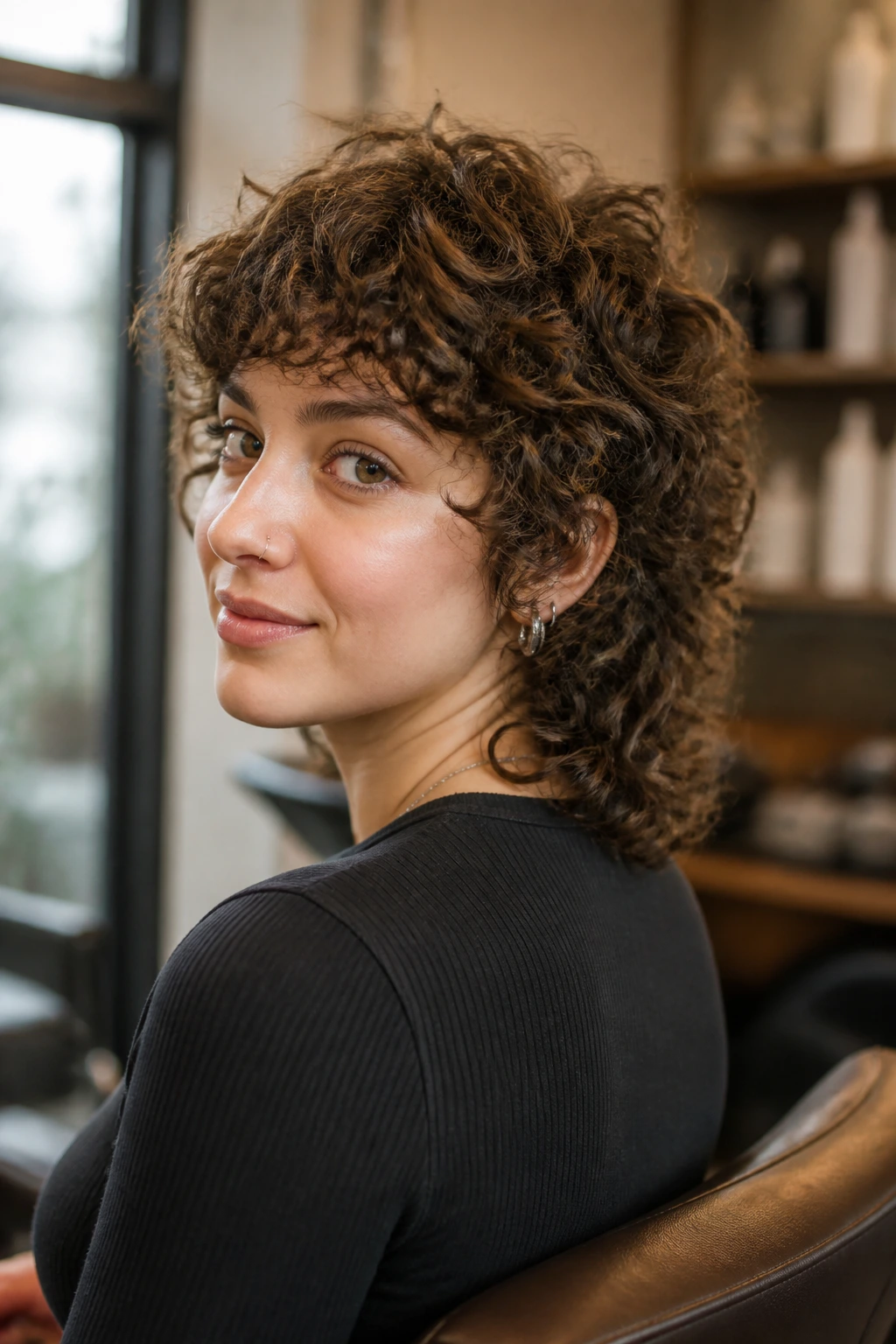 Close-up portrait of a real woman with curly mullet-lite hairstyle in a cozy salon