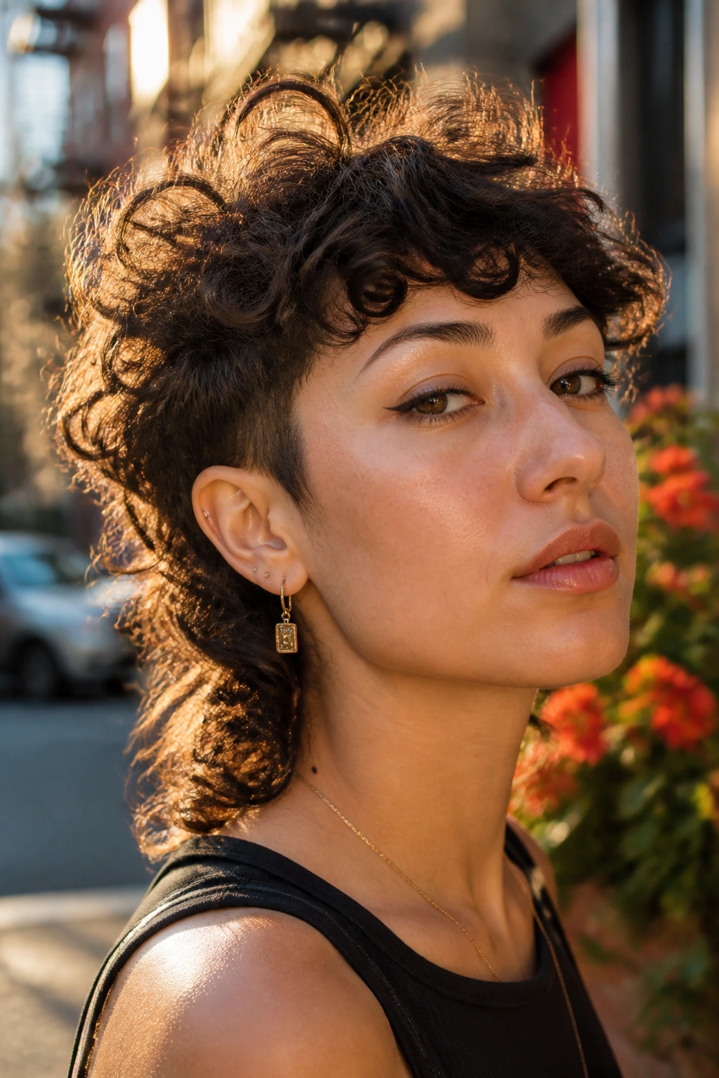 Close-up of a real woman with a curly mullet lite hairstyle in golden-hour outdoor light