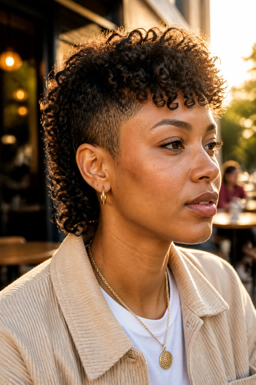 Close-up portrait of a real person with a curly mullet lite featuring textured top and short sides.