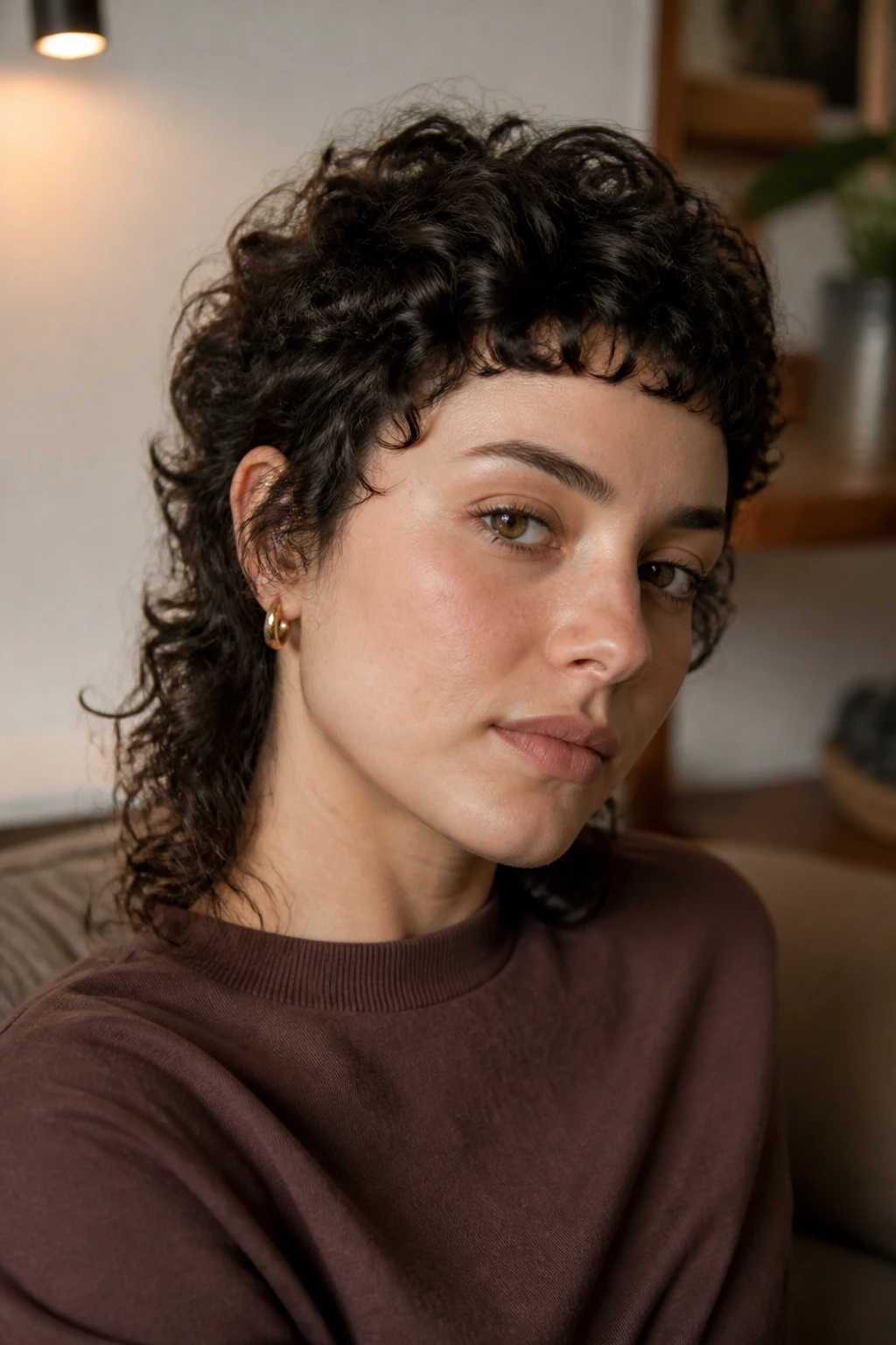 Close-up portrait of a real person with curly mullet and micro fringe