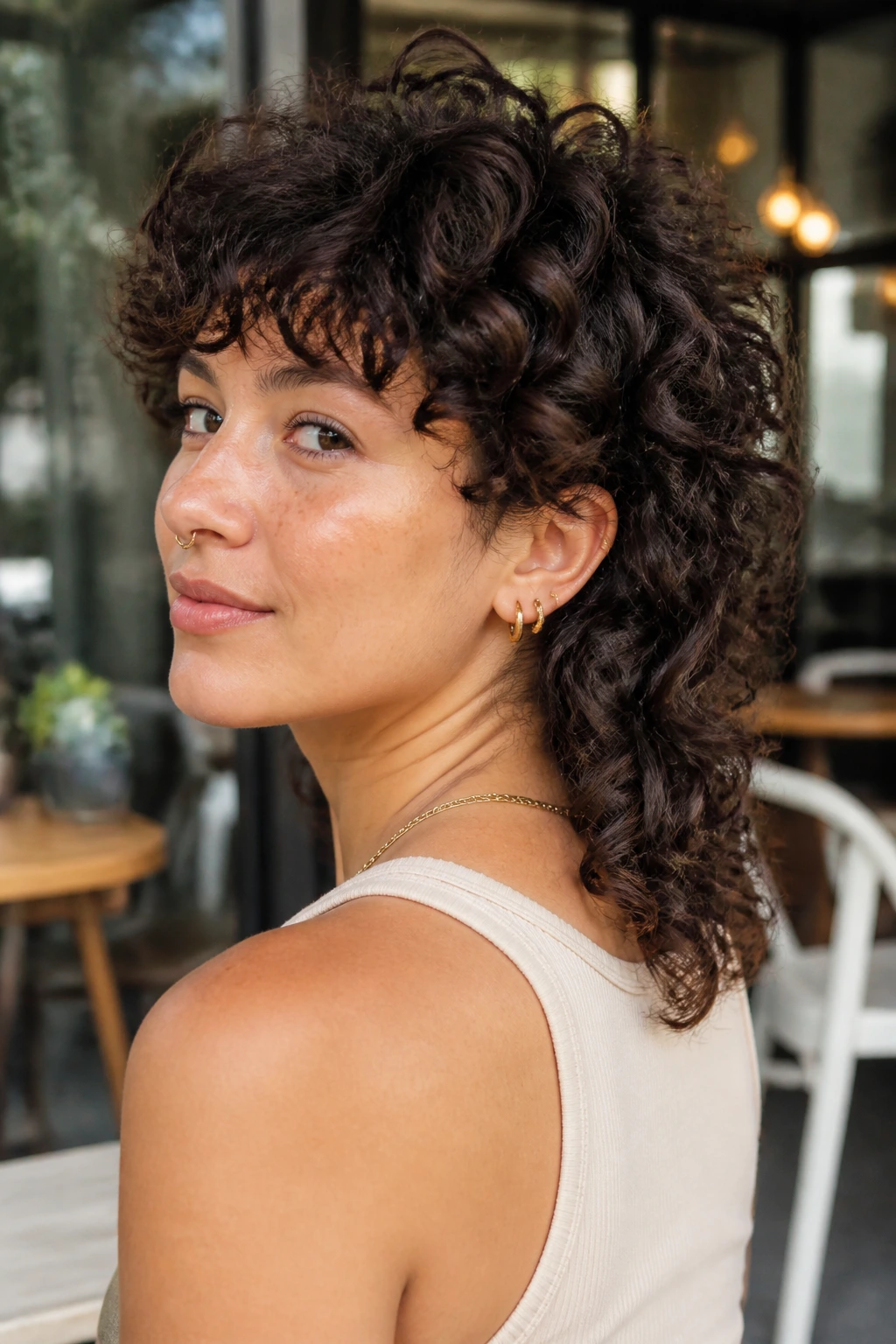 Portrait of a real person with curly mullet and softened nape in natural light