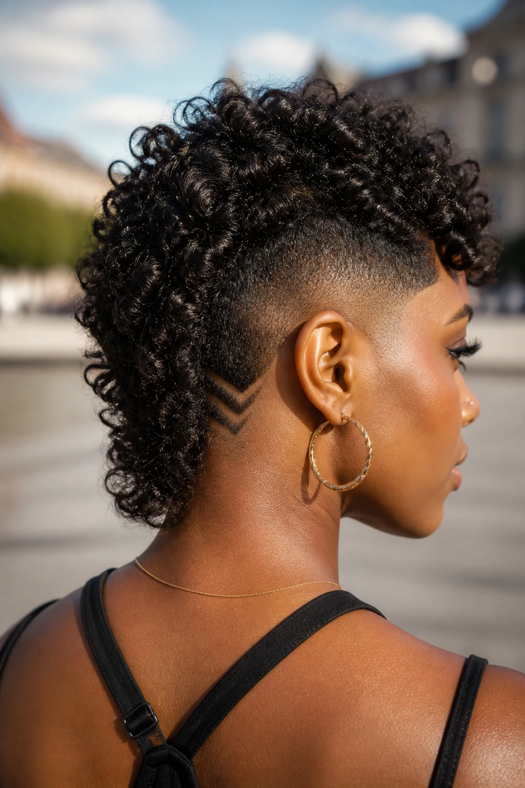 Close-up of curly mullet with nape art on a real woman