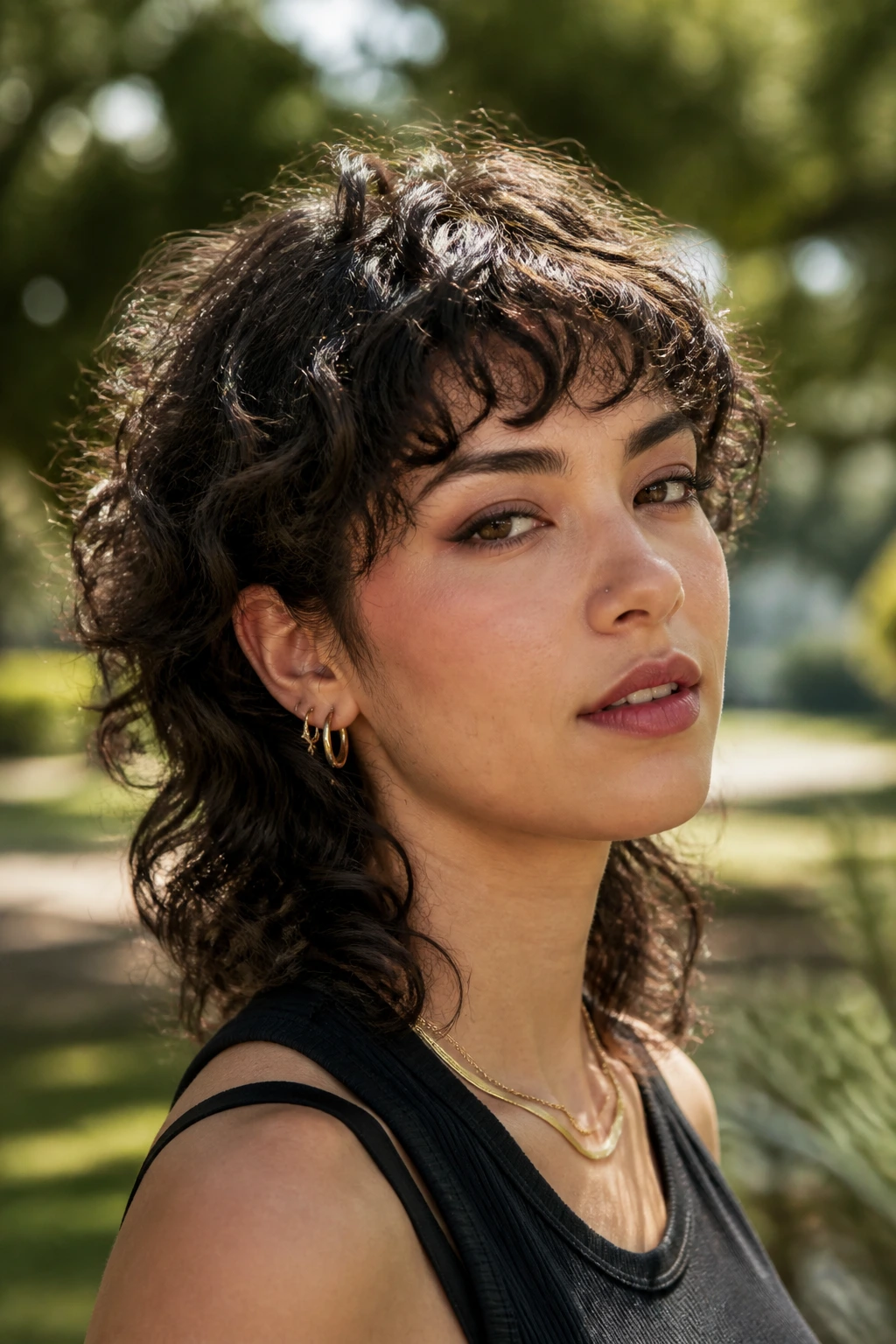 Real person with curly mullet and piecey bangs in outdoor park light
