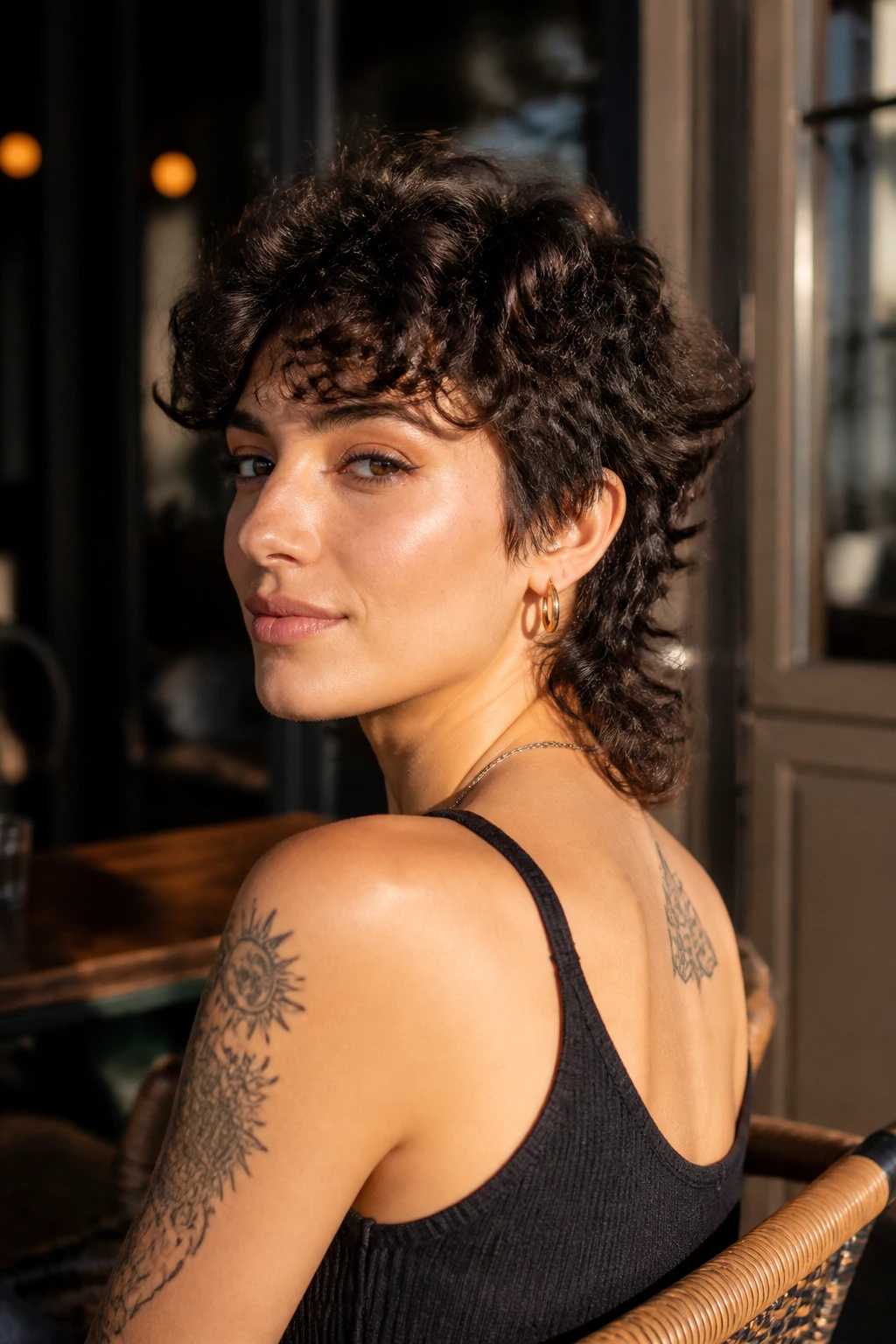 Three-quarter portrait of a real woman with curly mullet pixie, short front and longer back.
