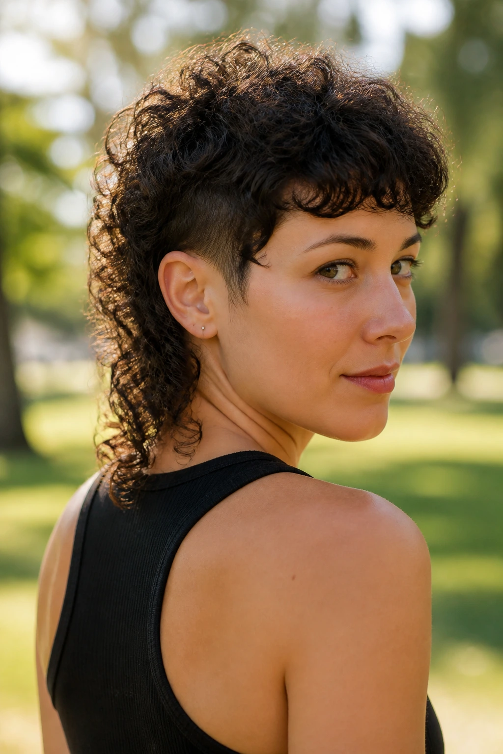 Rear three-quarter portrait of a real woman with curly mullet pixie wolf showing back tail.