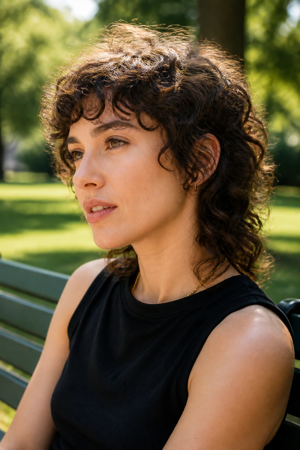 Portrait of a person with curly shag mullet showing stacked curls and soft back.