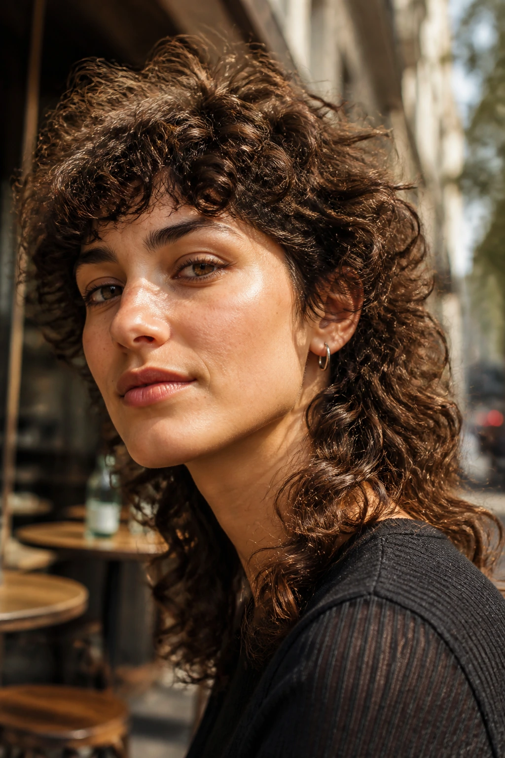 Close-up portrait of a real woman with a curly mullet hairstyle in natural light
