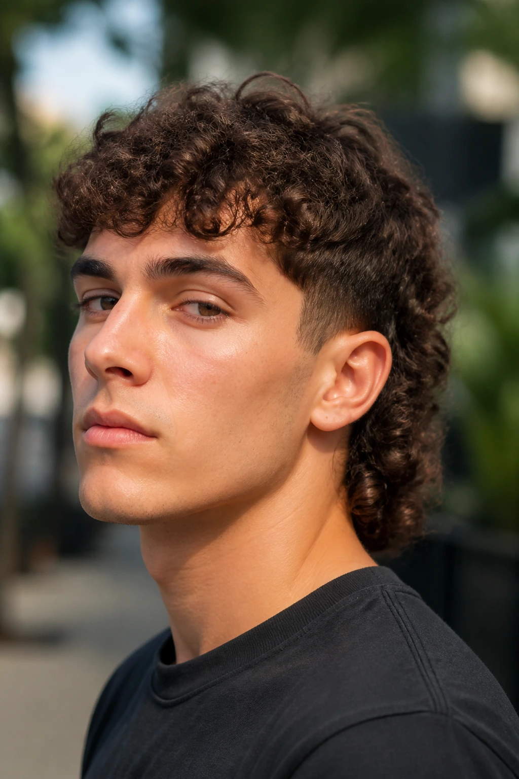 Close-up portrait of a person with curly crop mullet showing curls and mullet tail.