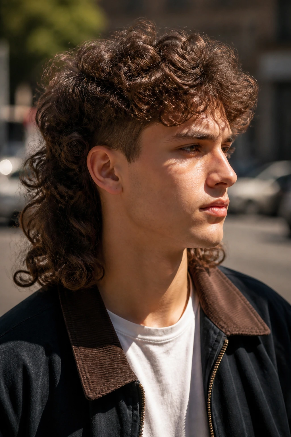 Head-and-shoulders portrait of man with a curly mullet in warm street light.