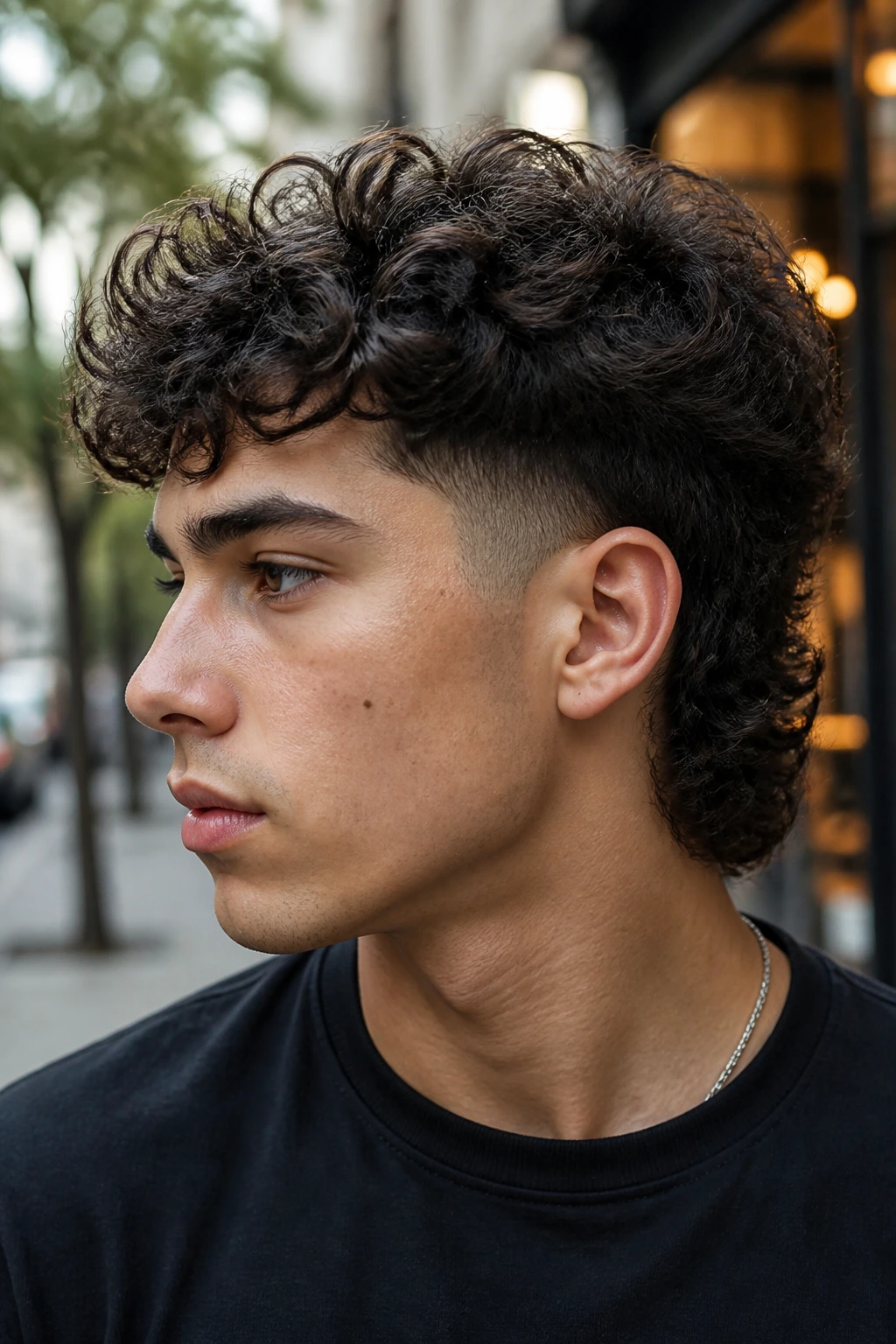 Close-up of a man with a curly mullet and clean taper.