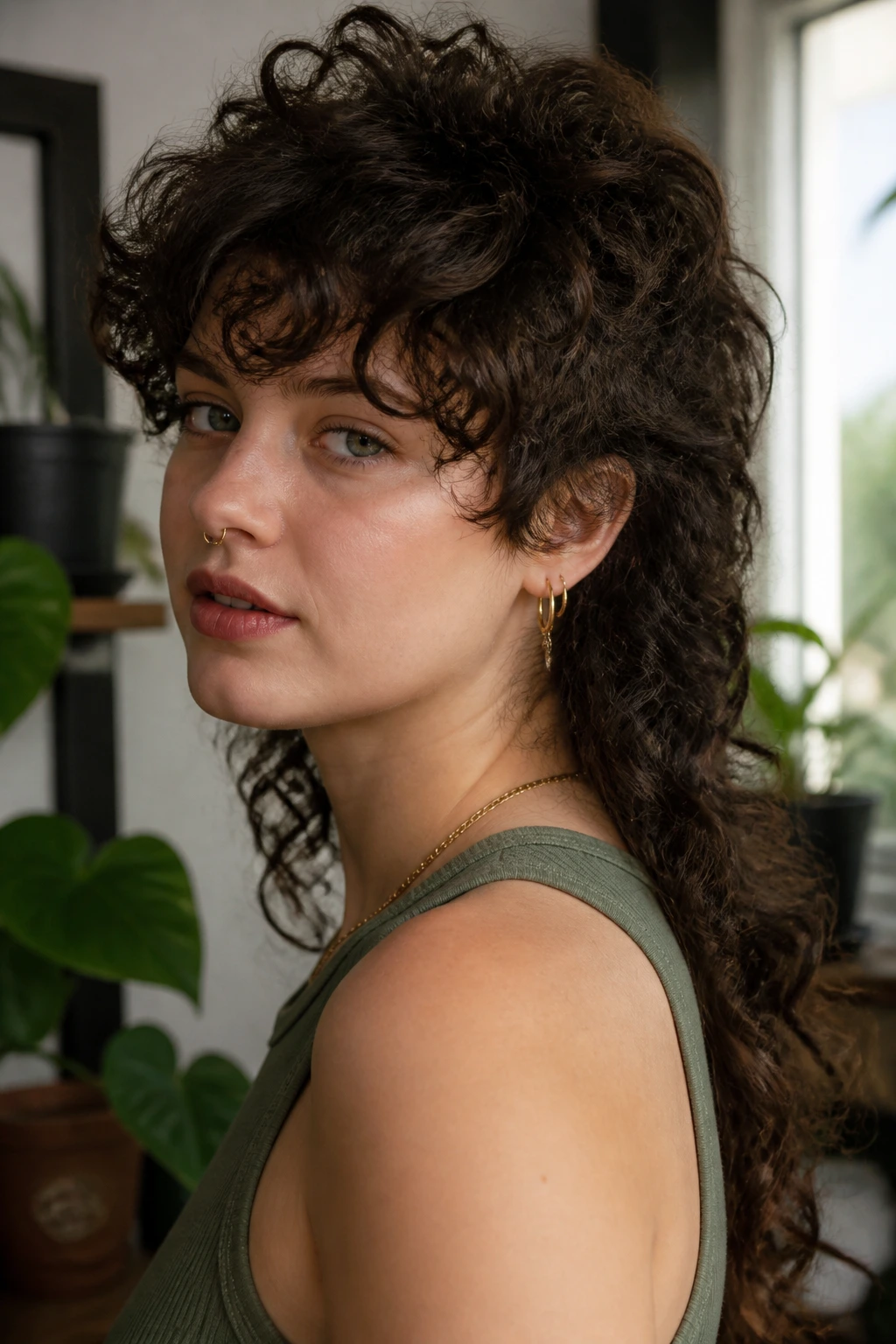 Portrait of a person with curly mullet and moving ringlets