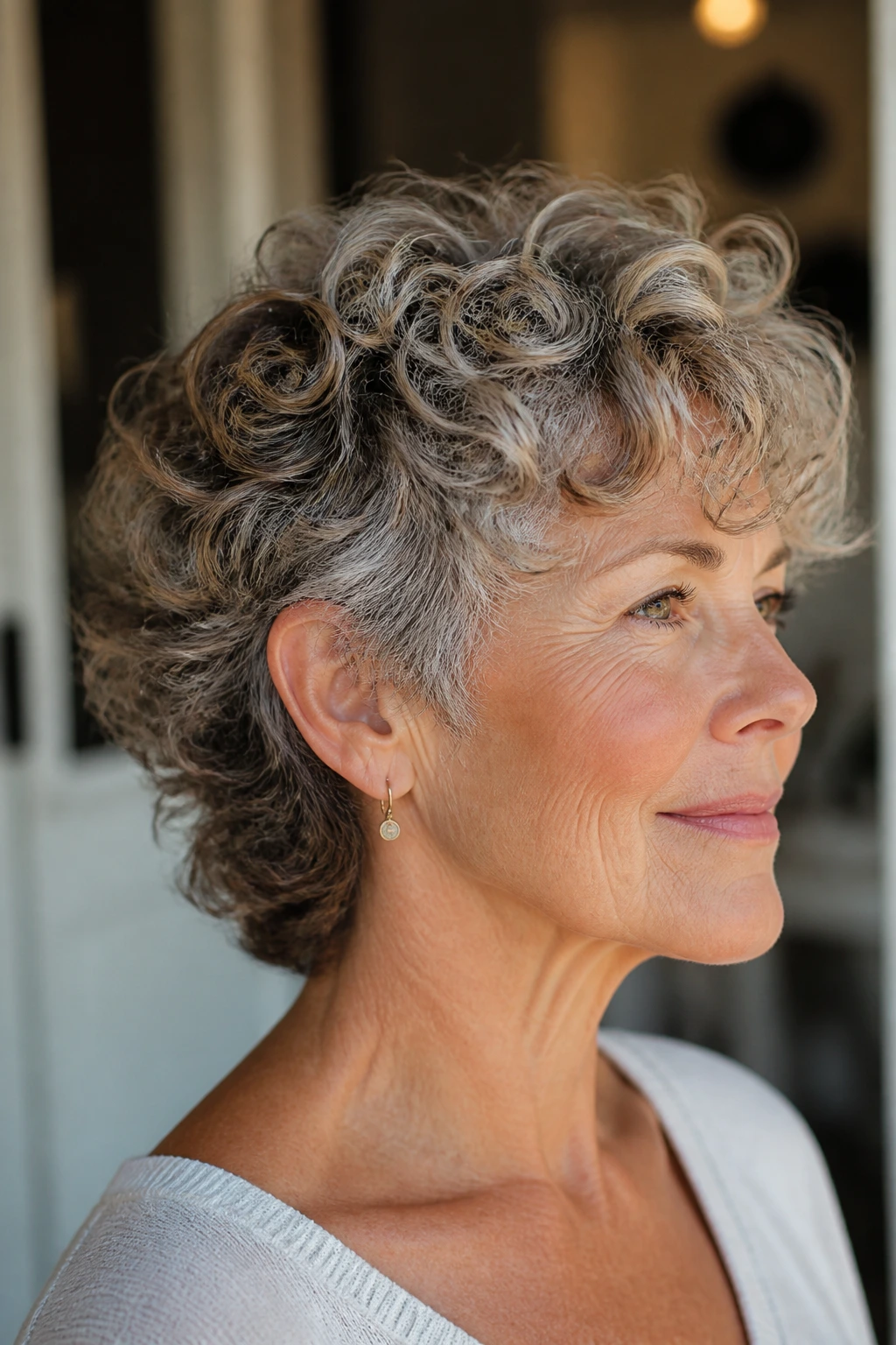 Close-up of a real woman with curly mullet and rounded nape