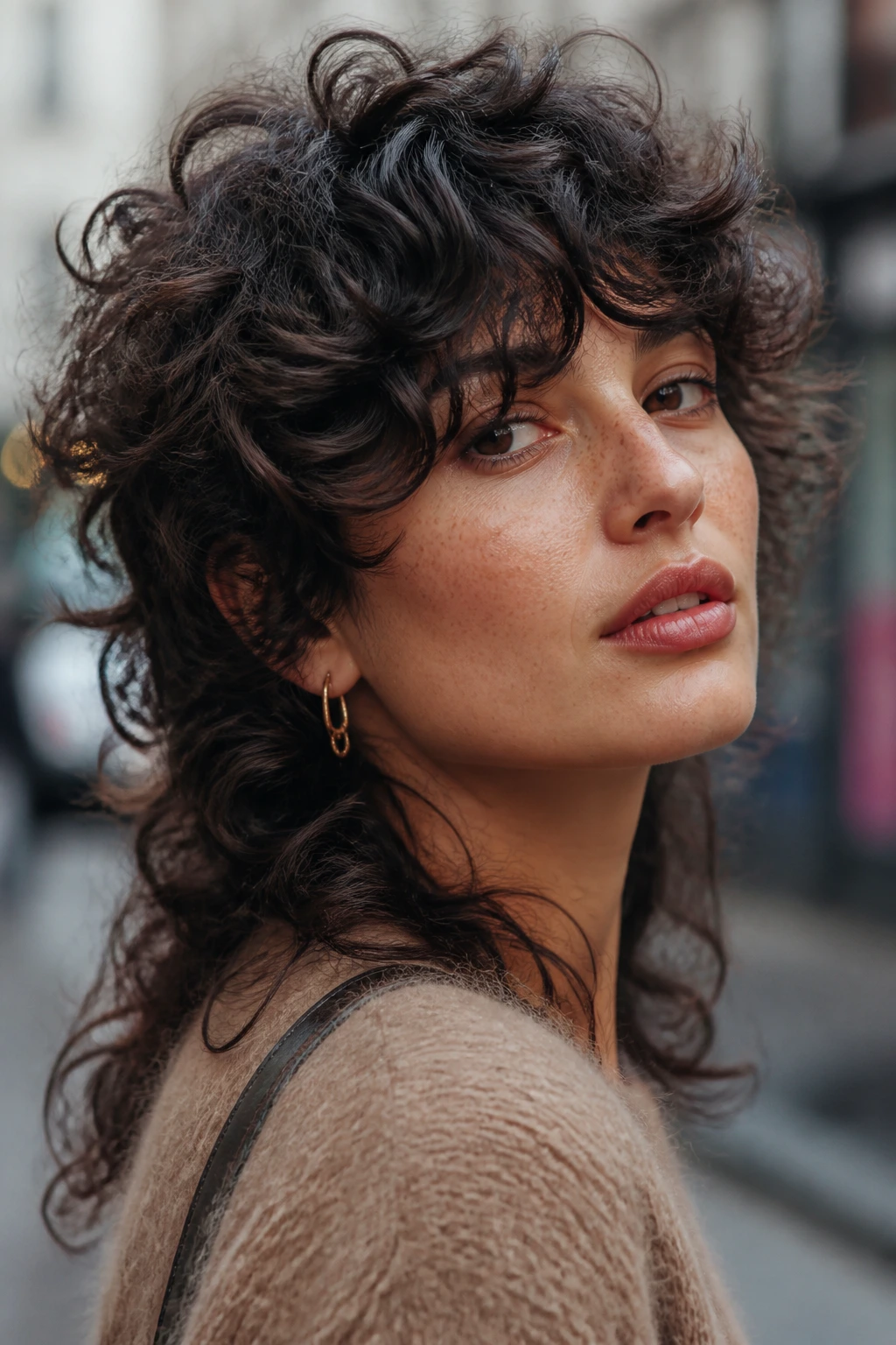 Real woman with curly mullet shag and sweeping bangs in urban setting
