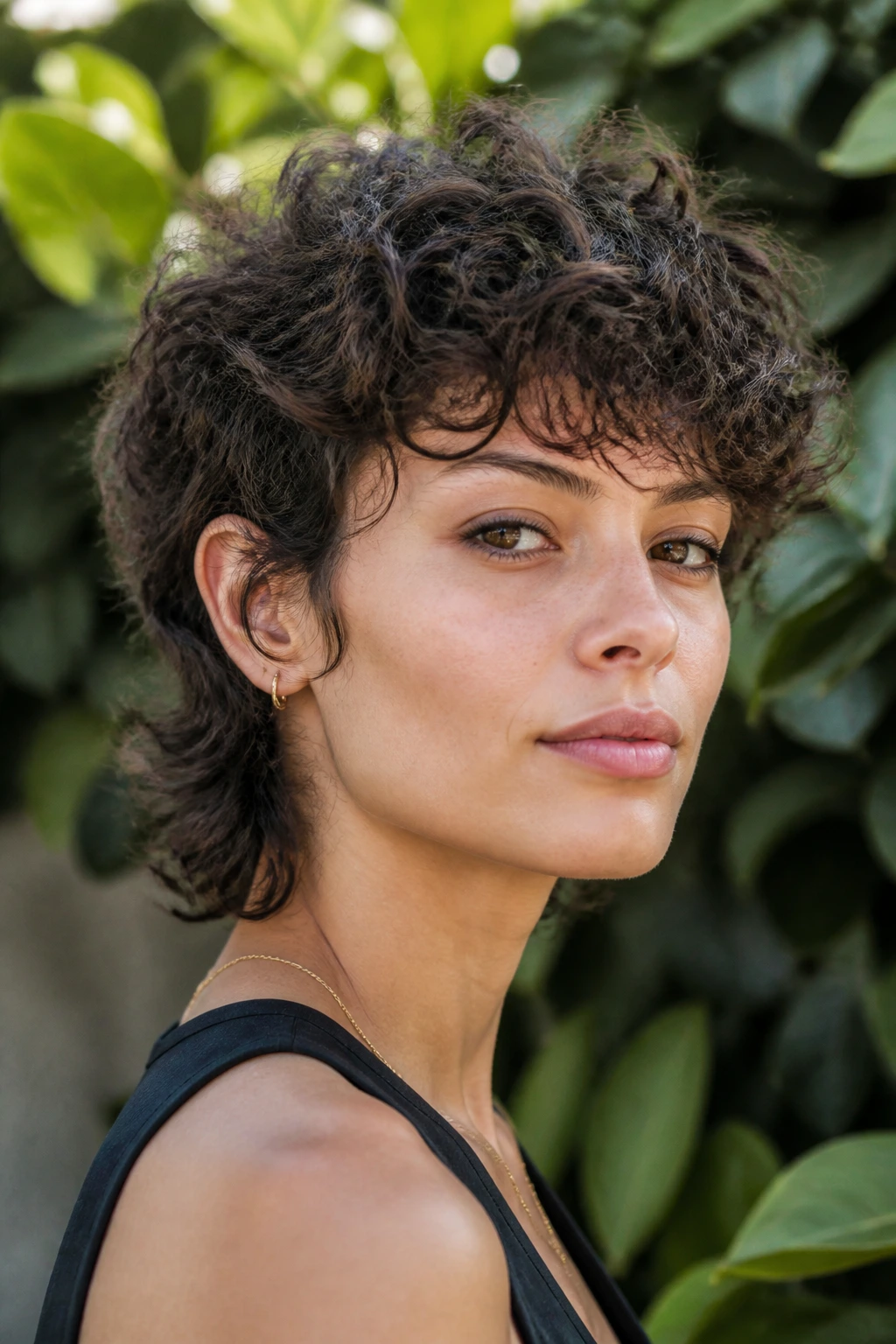Portrait of a real woman with curly top shag mullet crop in natural outdoor light