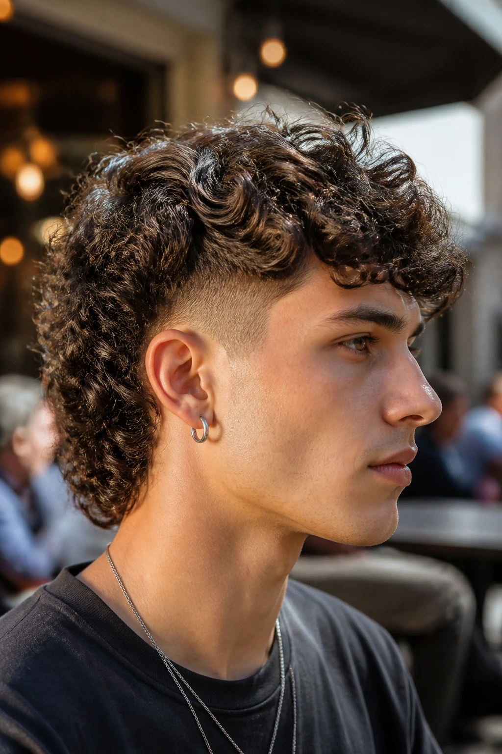 Close-up of a real person with curly mullet shag and tapered fade