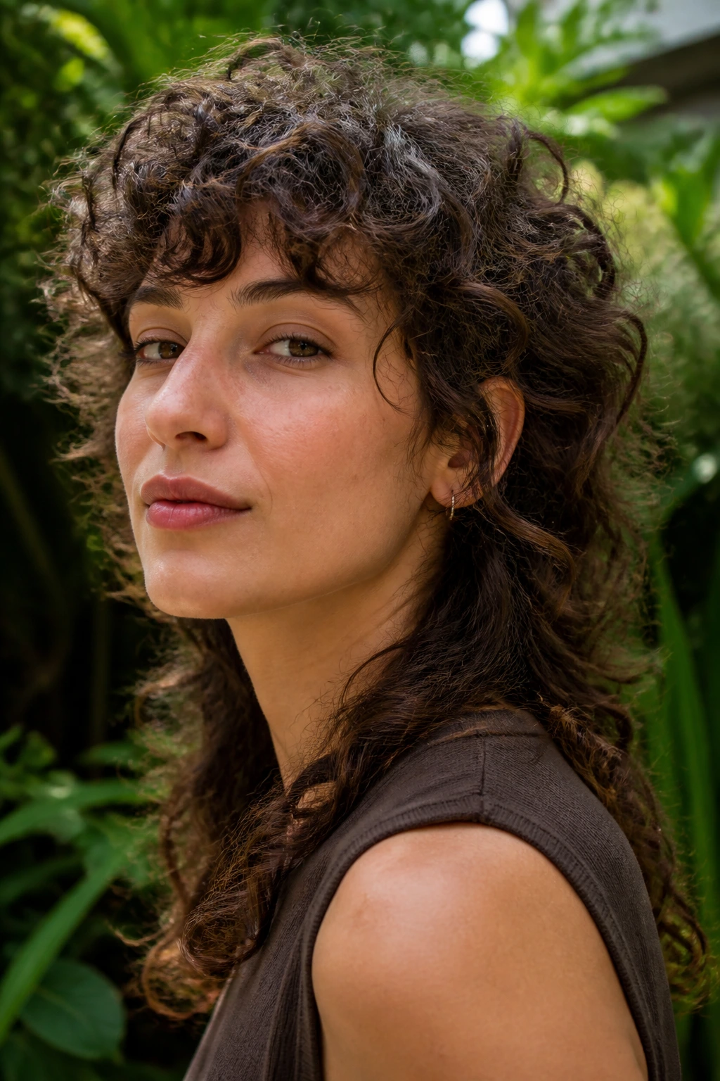 Real person sporting curly mullet shag in natural daylight
