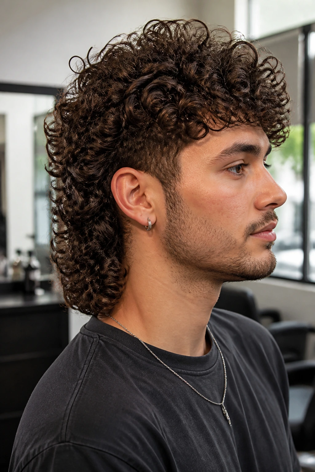Close-up of a real person showing curly mullet shape with crown layers