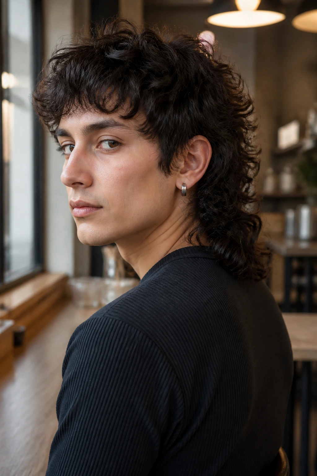 Portrait of real person with curly mullet showing shape retention in natural light.
