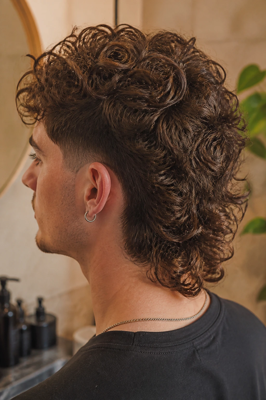 Close-up of real person with curly mullet highlighting nape and crown shape
