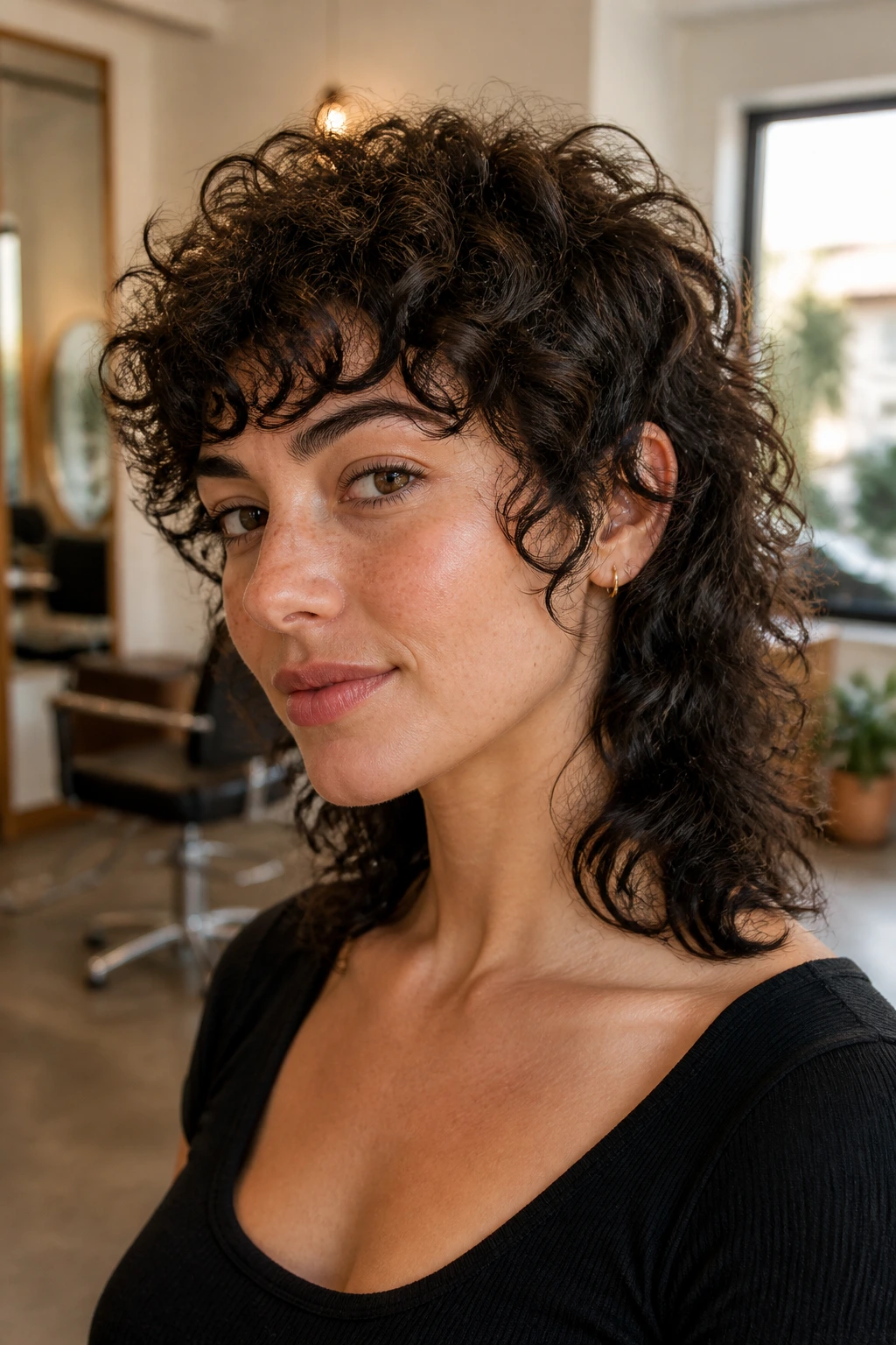 Close-up of Curly Mullet With Soft Edges on a real person in a sunlit salon