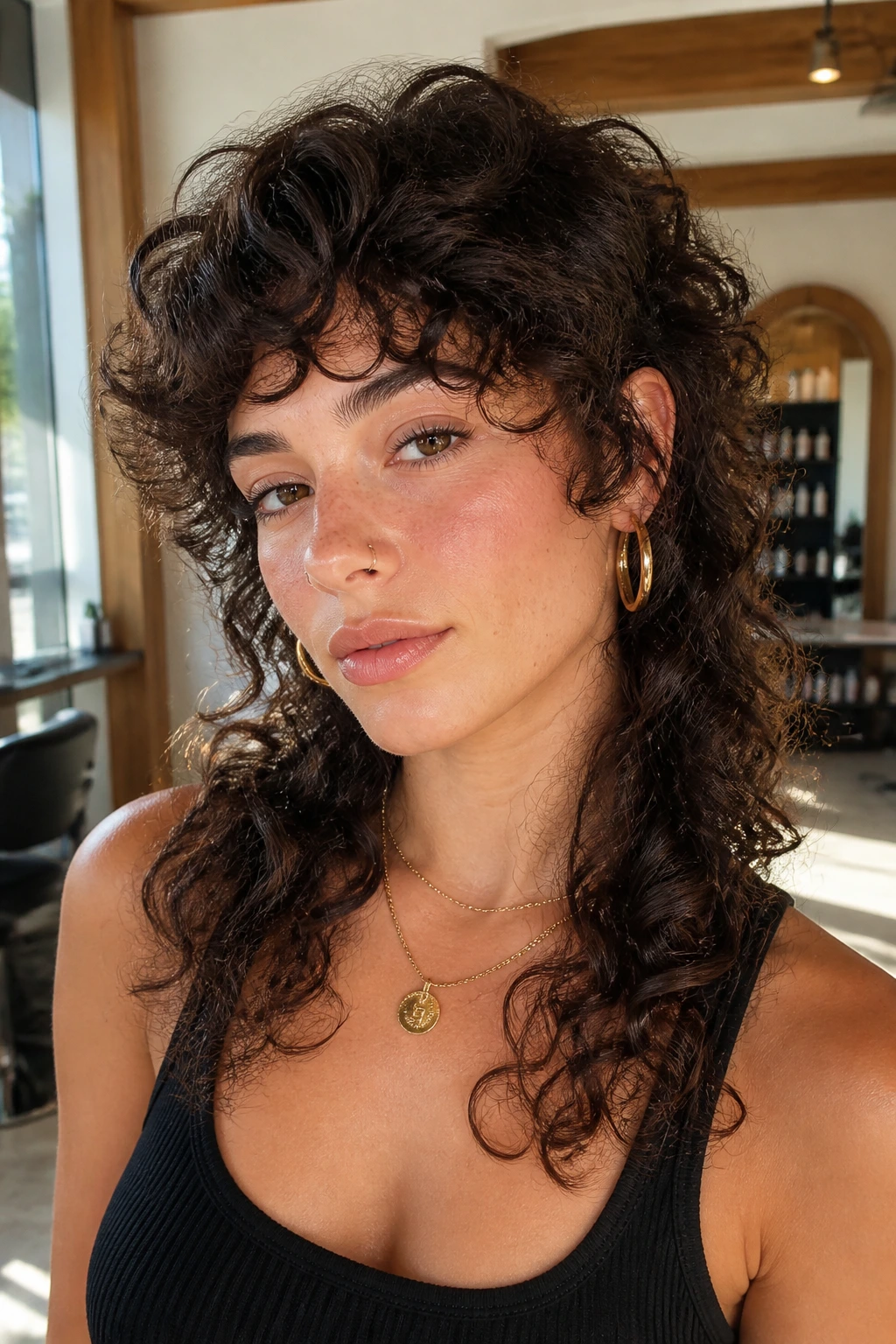 Close-up portrait of a woman with a curly mullet featuring soft edges in a sunlit salon