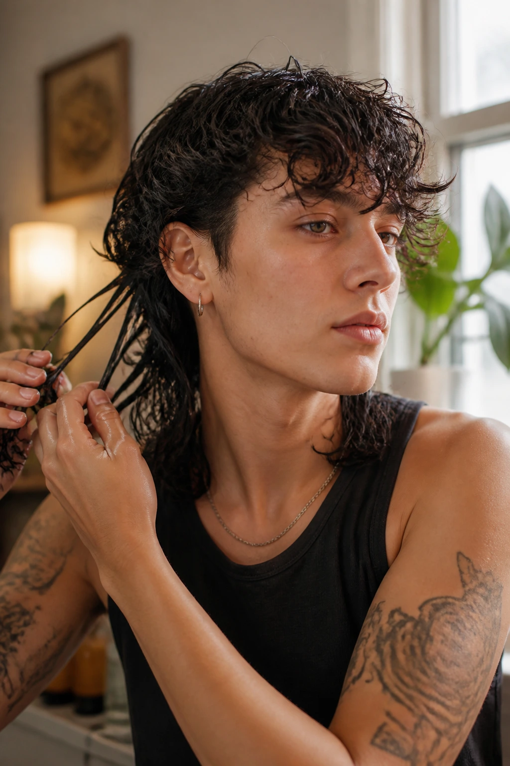 Portrait of a person with a curly mullet showing styling and refresh routine in a home setting.