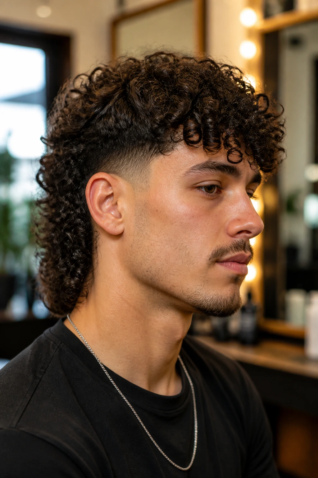 Close-up portrait of a real person with curly mullet and taper in a salon