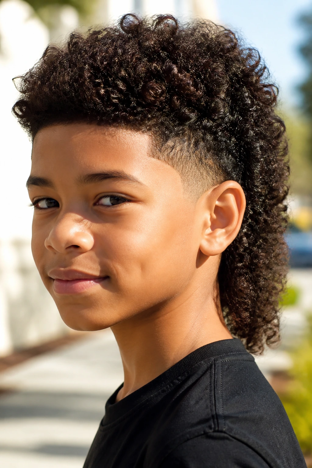 Close-up of a child with curly mullet and tapered sides in bright outdoor light