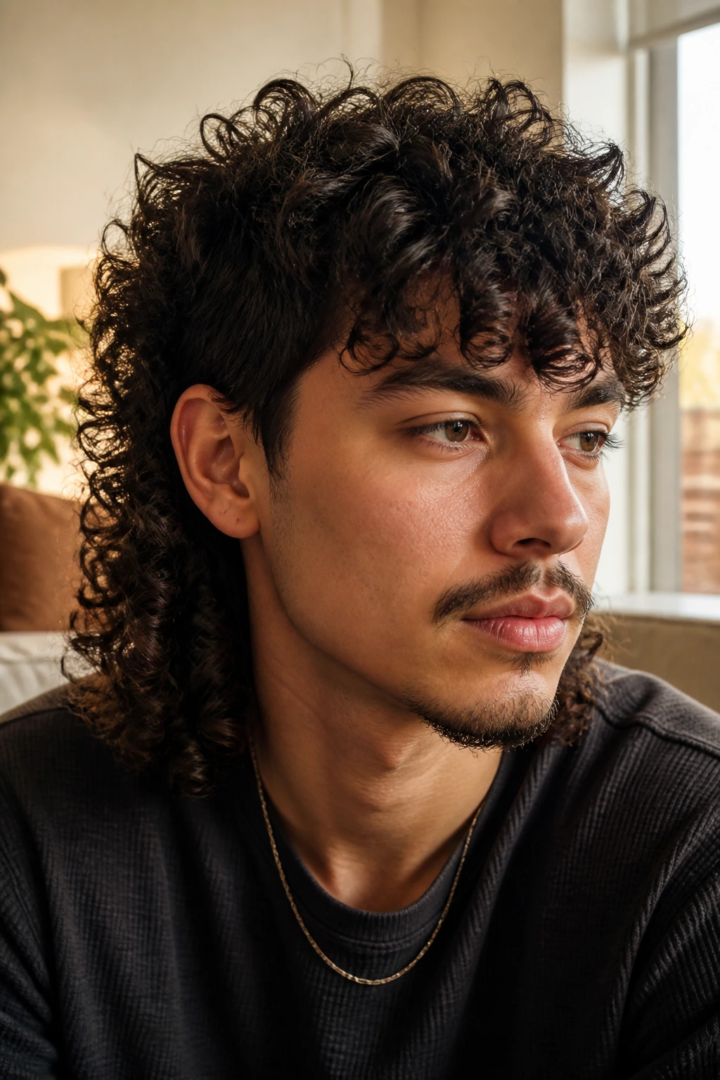 Portrait highlighting curly mullet texture and boosters in a cozy home setting.
