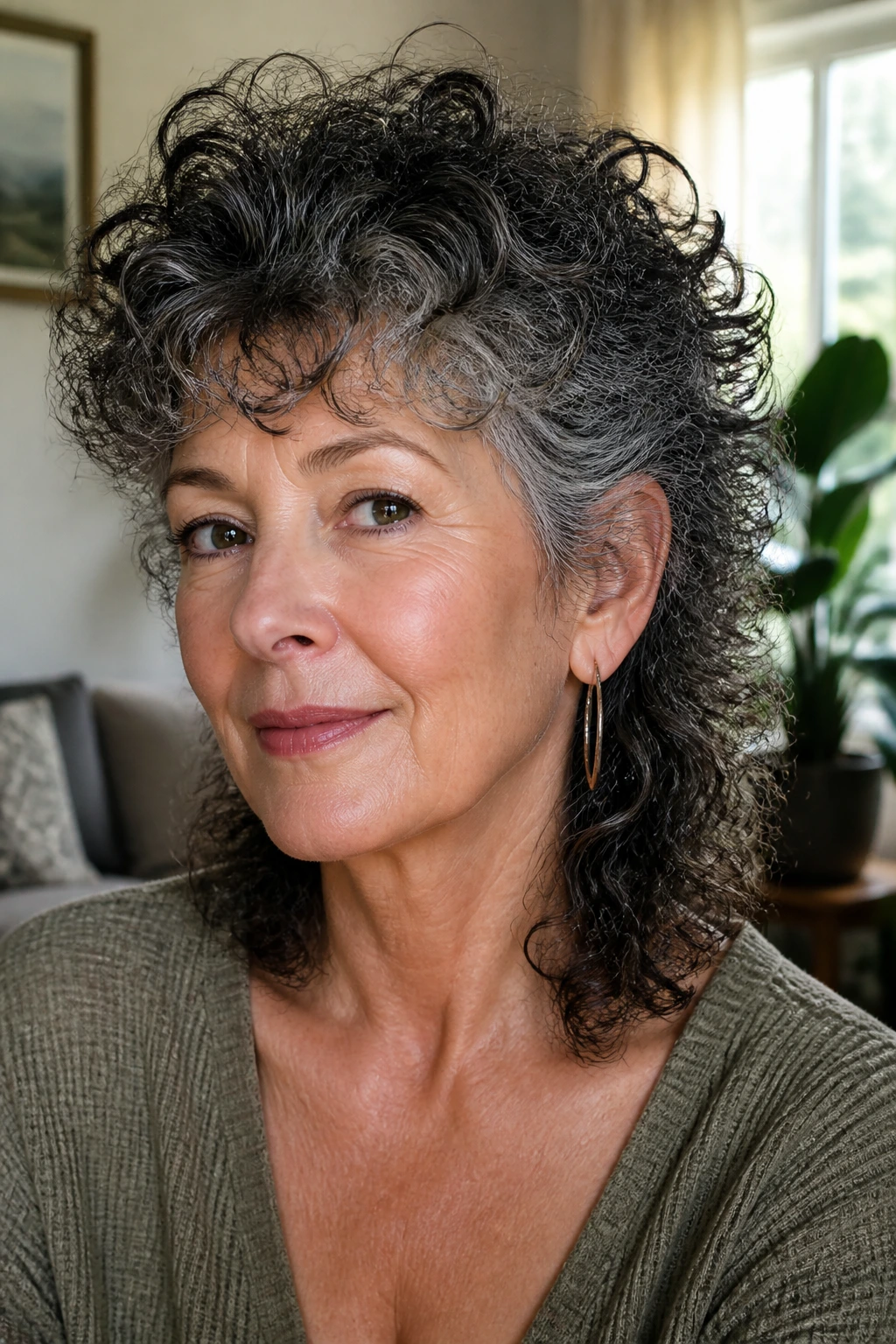 Close-up portrait of a real woman with a wash-and-go curly mullet and full silhouette.