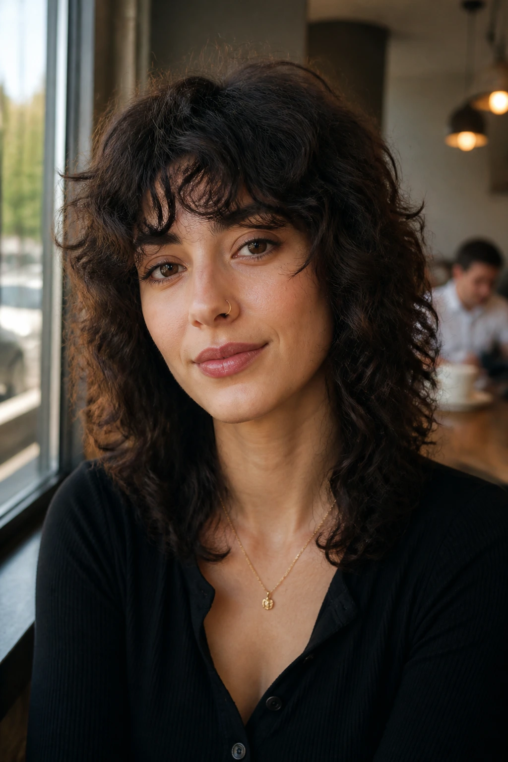 Real woman with shoulder-length curly mullet in cafe lighting