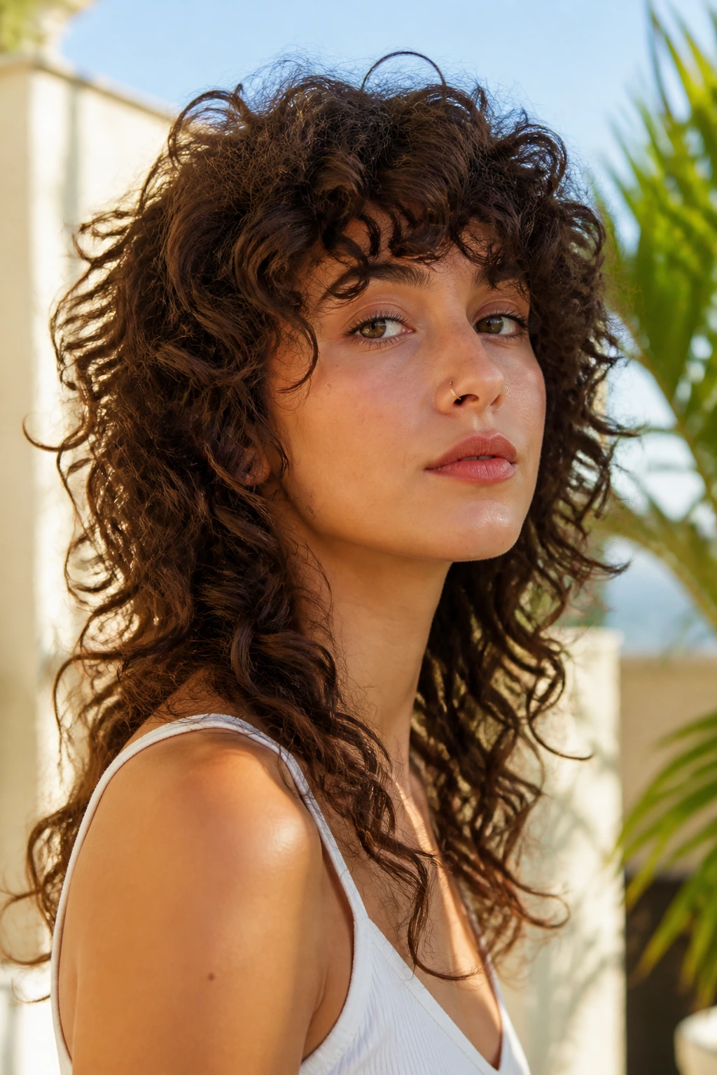 Close-up of a real person with shoulder-length curls in an octopus-cut silhouette