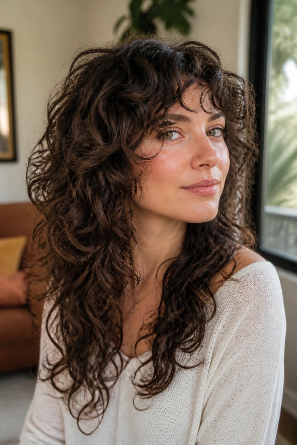 Close-up portrait of a real woman with a curly octopus cut showing airy top layers and longer bottom