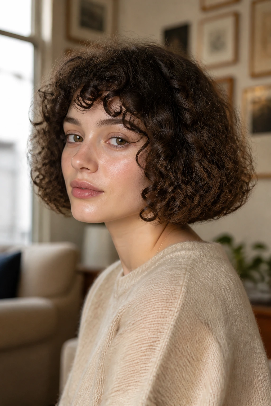 Close-up of a real person with curly pageboy and defined ends under warm window light