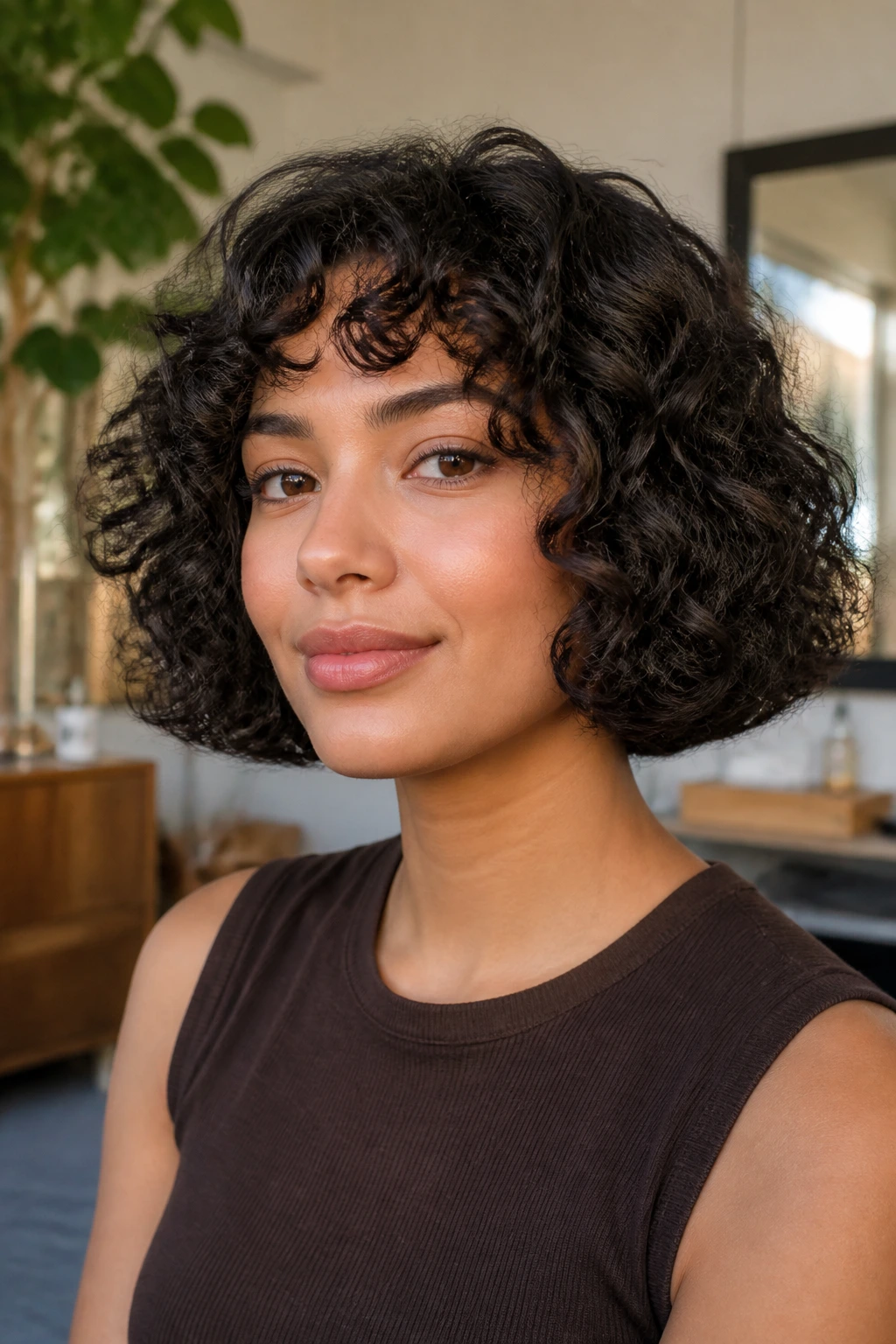 Close-up of a person with curly pageboy variation