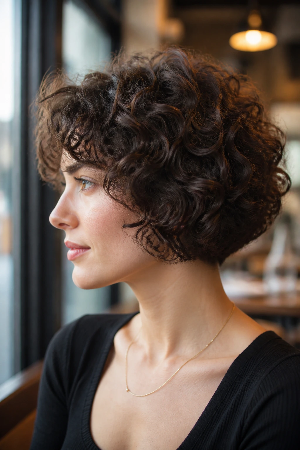 Profile view of a real woman with Curly Pageboy hairstyle in cafe window light.