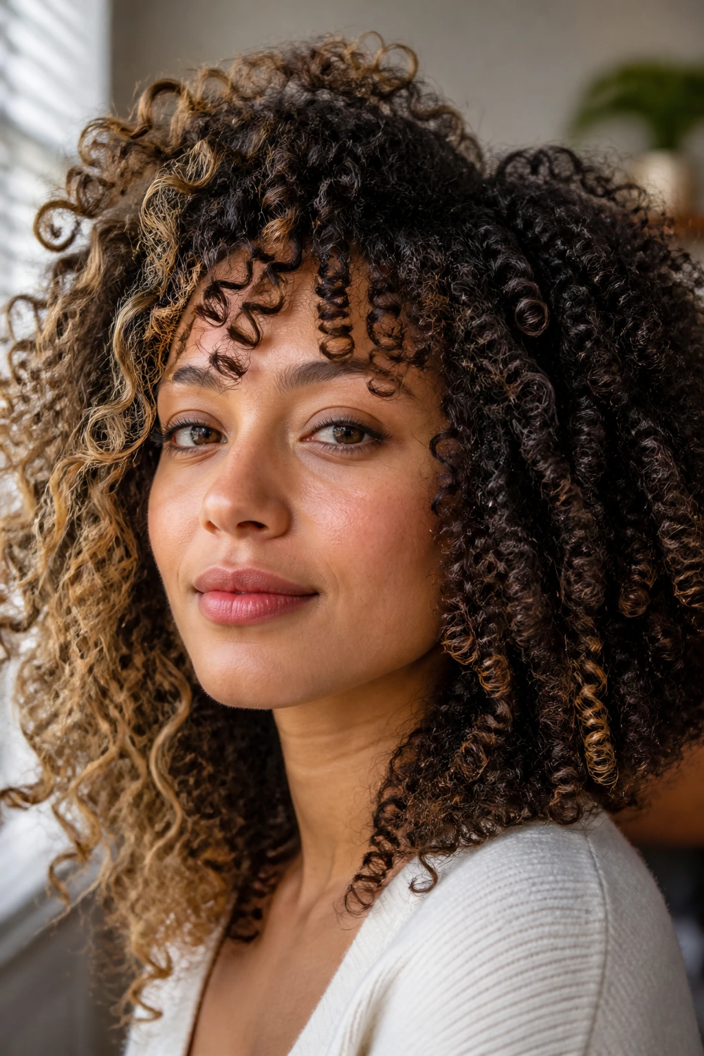 Close-up portrait of a real woman with mixed curl textures (loose waves, ringlets, coils) in natural window light.