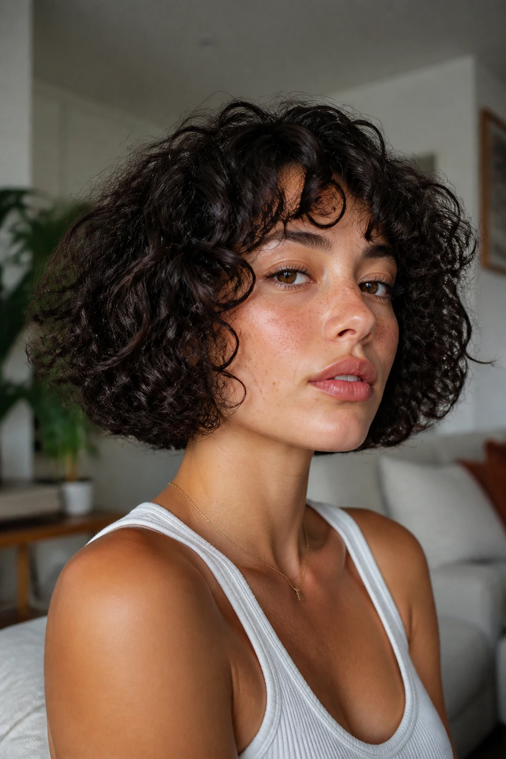 Close-up portrait of a real woman with a curly perimeter bob in a cozy room.