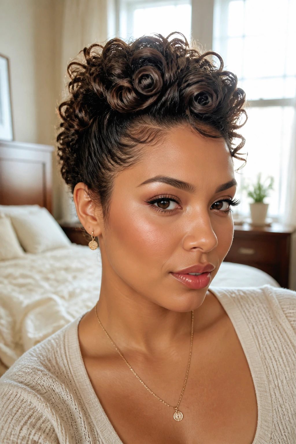 Close-up portrait of a real woman with Curly Pin-Up Roll hairstyle showing pinned curls at crown