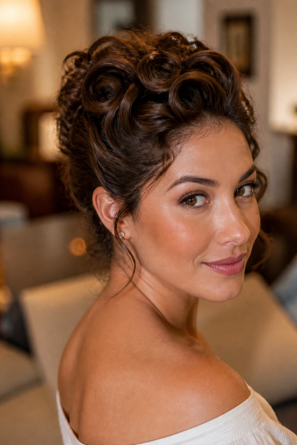 Close-up of a real woman with a curly pin-up updo